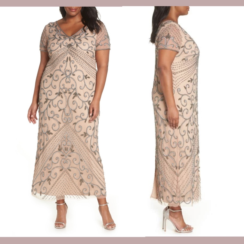NEW Pisarro Nights [ PLUS SZ 22W ] Beaded Longline Gown‎ in Rose Nude